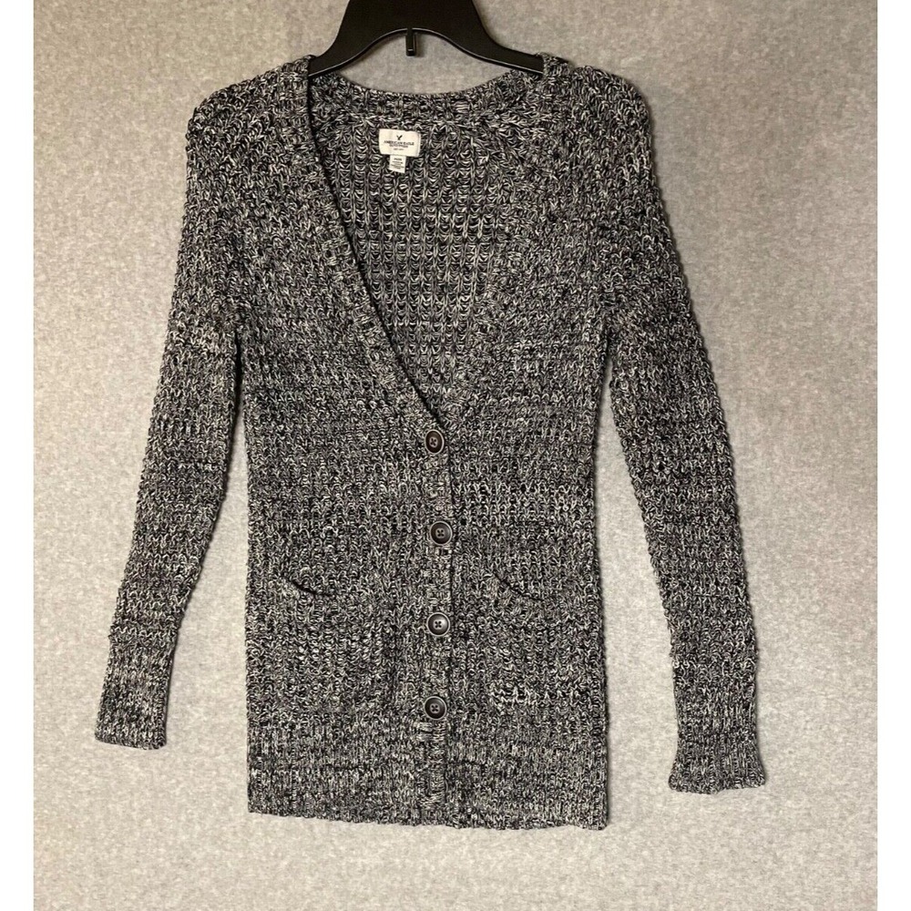 American Eagle Cardigan Womens‎ Medium Crochet Knit Grandpa Grey Pockets